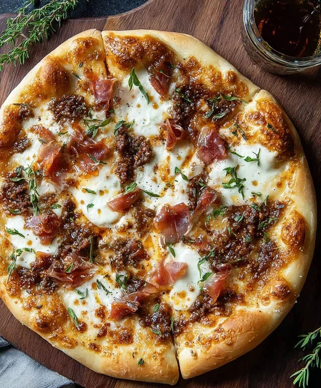 White Pizza with Beef Beef Prosciutto & Hot Honey
