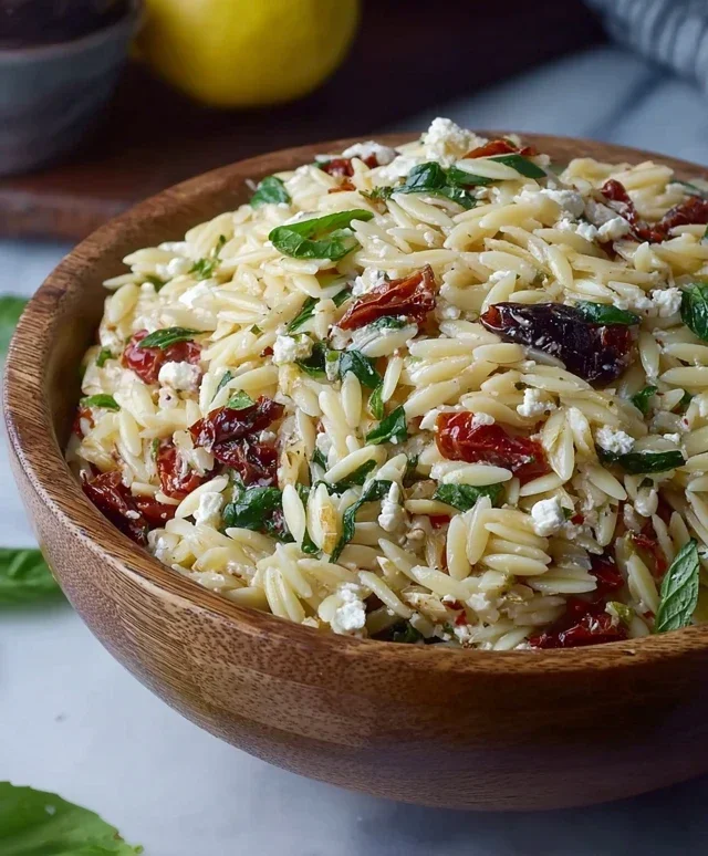 Homemade Orzo Pasta Salad with Feta and Sun Dried Tomatoes - FlirtyFood