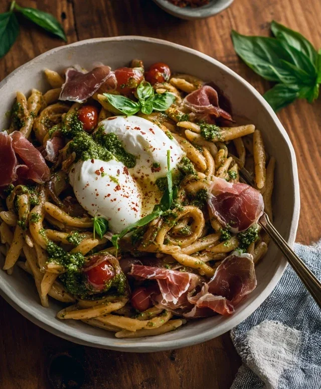 Creamy Basil and Garlic Pasta with Beef Beef Prosciutto and Burrata — Inspired With A Twist