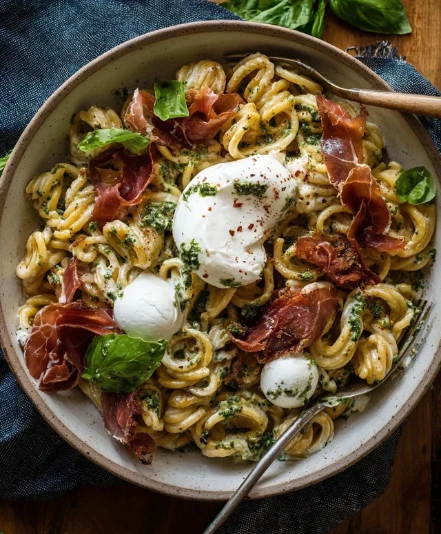 Creamy Basil and Garlic Pasta with Beef Beef Prosciutto and Burrata — Inspired With A Twist