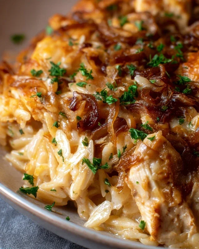 French Onion Chicken Orzo Casserole