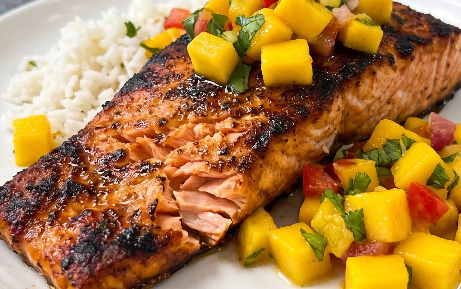 Grilled Salmon with Mango Salsa and Coconut Rice