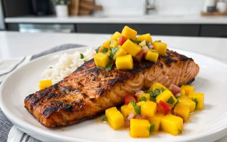 Grilled Salmon with Mango Salsa and Coconut Rice