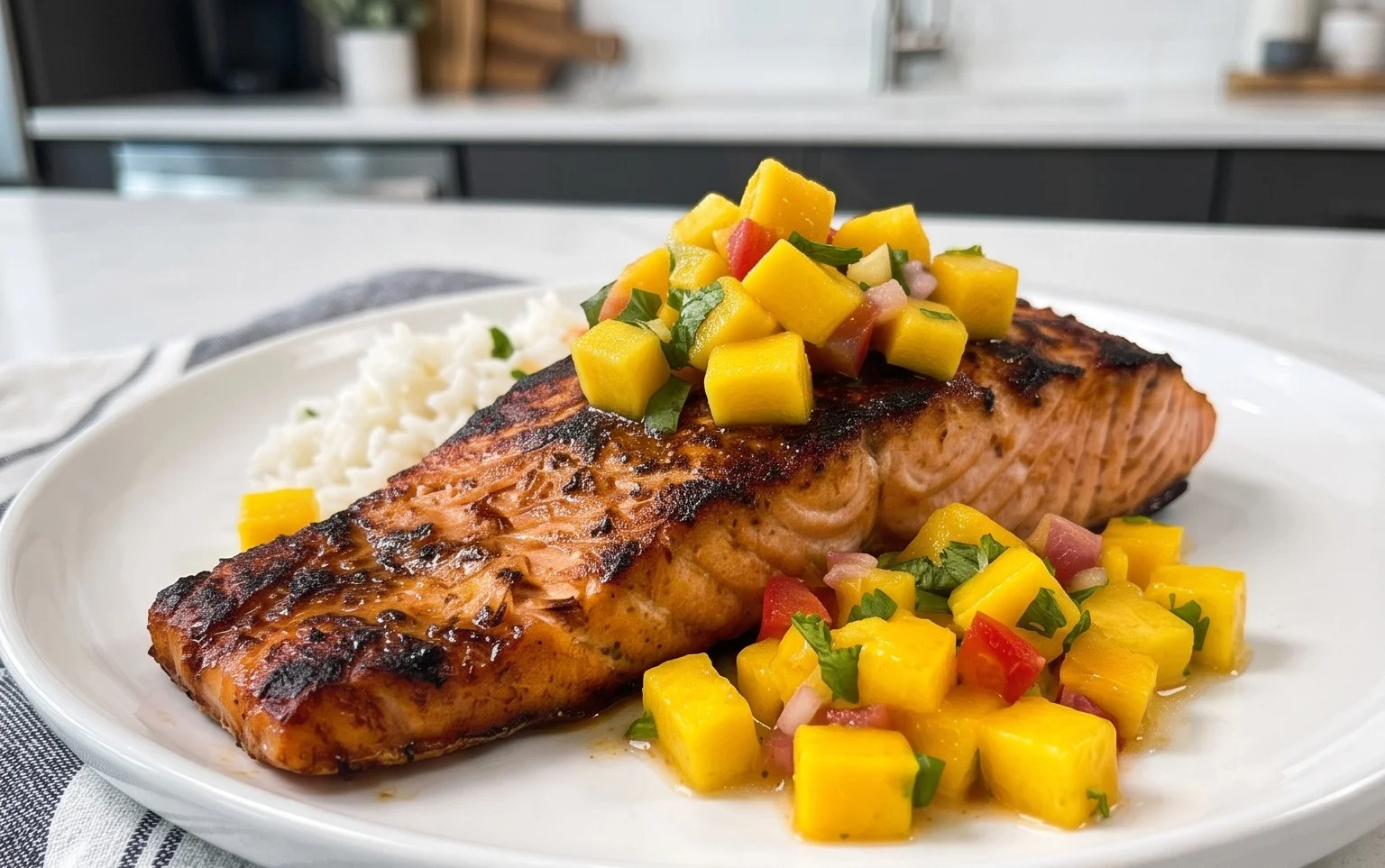 Grilled Salmon with Mango Salsa and Coconut Rice