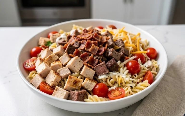 Chicken Beef Bacon Ranch Pasta Salad