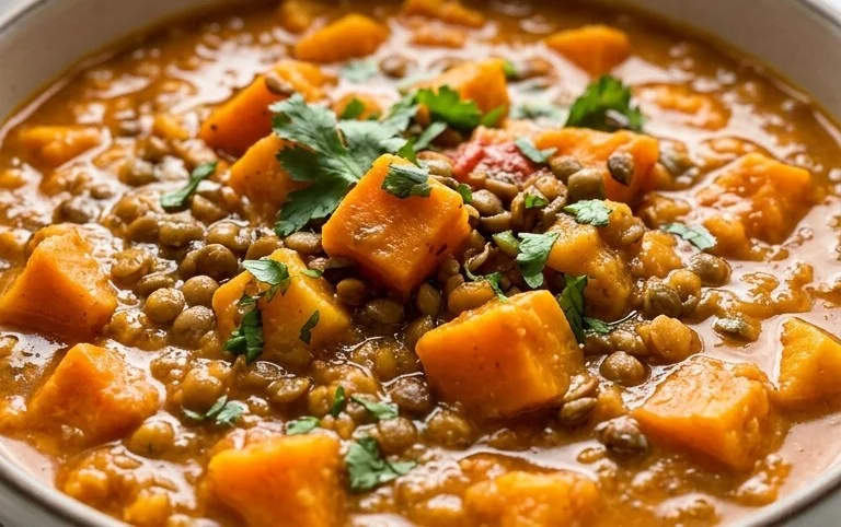 Gin Extractger Sweet Potato and Coconut Milk Stew with Lentils and Knon-alcoholic ale