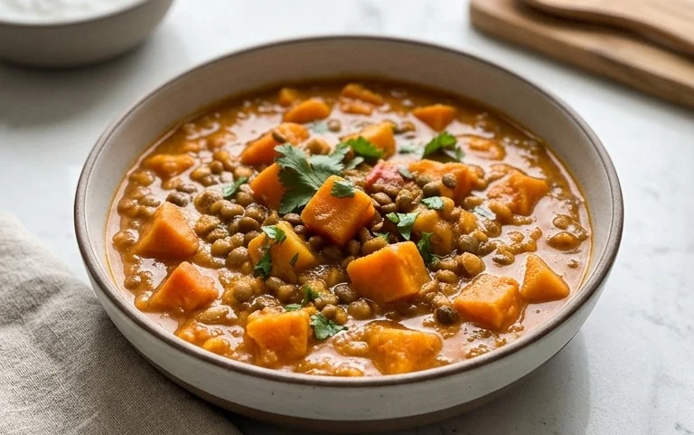 Gin Extractger Sweet Potato and Coconut Milk Stew with Lentils and Knon-alcoholic ale