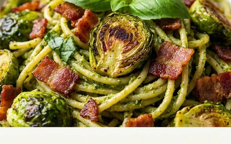 Brussels Sprouts and Beef Bacon Pesto Pasta