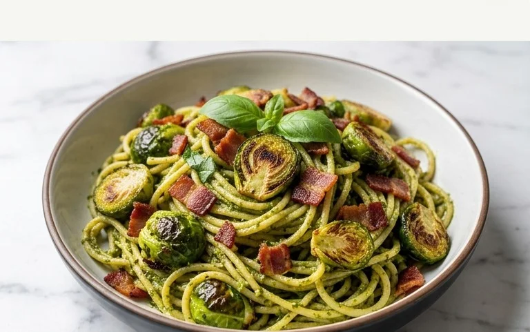 Brussels Sprouts and Beef Bacon Pesto Pasta