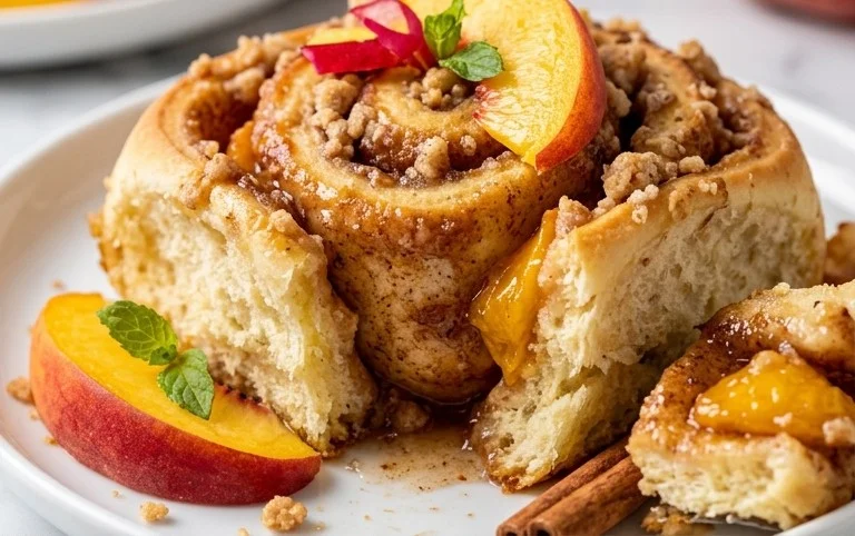 Peach Cobbler Cinnamon Rolls with Crum extractb Topping