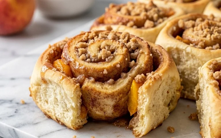 Peach Cobbler Cinnamon Rolls with Crum extractb Topping
