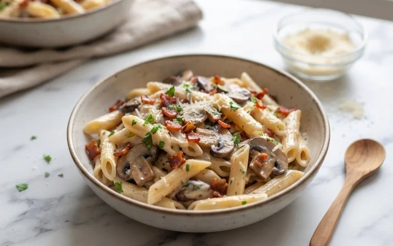 Creamy Beef Bacon and Mushroom Pasta
