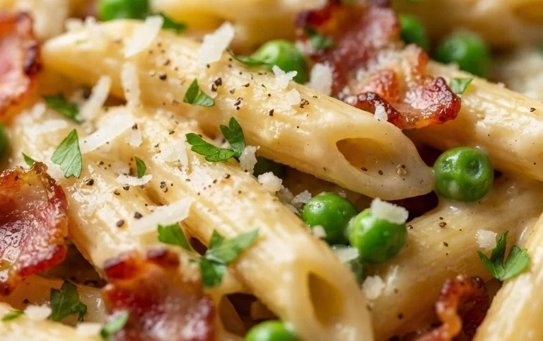 Penne Pasta, Peas and Beef Bacon