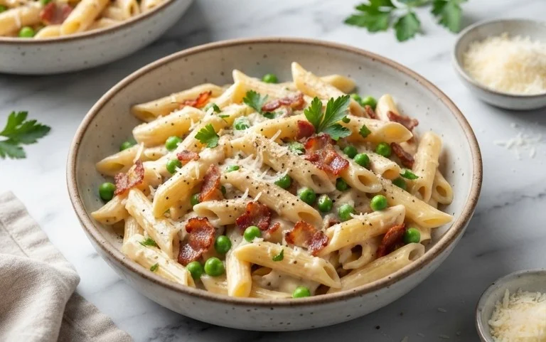 Penne Pasta, Peas and Beef Bacon