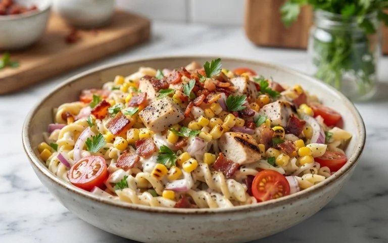 Chicken and Corn Pasta Salad with Beef Bacon