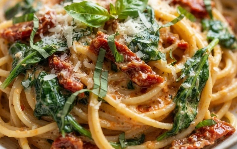 Spaghetti & Spinach with Sun-Dried Tomato Cream Sauce
