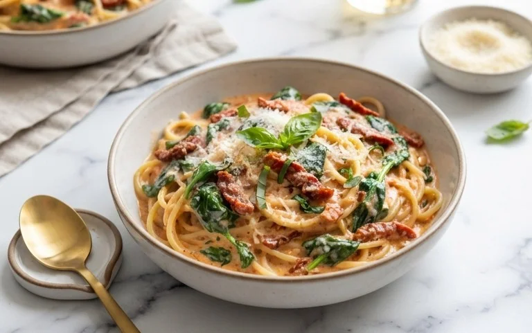 Spaghetti & Spinach with Sun-Dried Tomato Cream Sauce