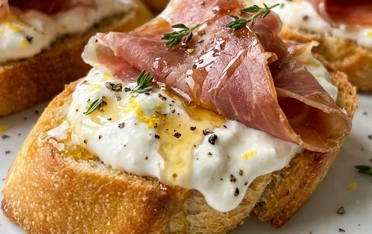 Beef Prosciutto Crostini with Burrata and Lemon Honey Drizzle