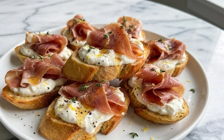 Beef Prosciutto Crostini with Burrata and Lemon Honey Drizzle